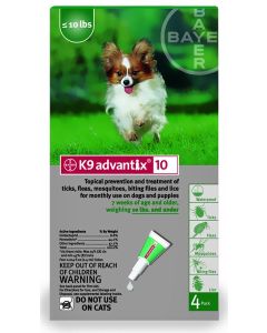 K9 Advantix for Dogs - under 10 lbs - GREEN - 8 tubes