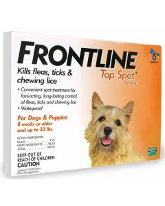 Frontline Spot On (Top Spot) for Dogs - under 22 lbs - ORANGE - 6 tubes 